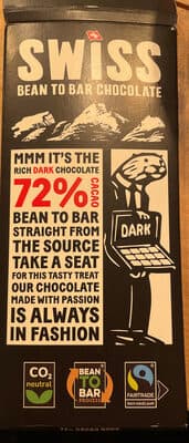72% Cacao Dark by Swiss Bean to Bar Chocolate - 72% chocolate bar