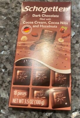 Dark Chocolate filled with Cocoa Cream, Cocoa Nibs and Hazelnuts