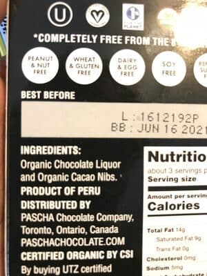 100% Cacao Dark Chocolate with organic chocolate nibs
